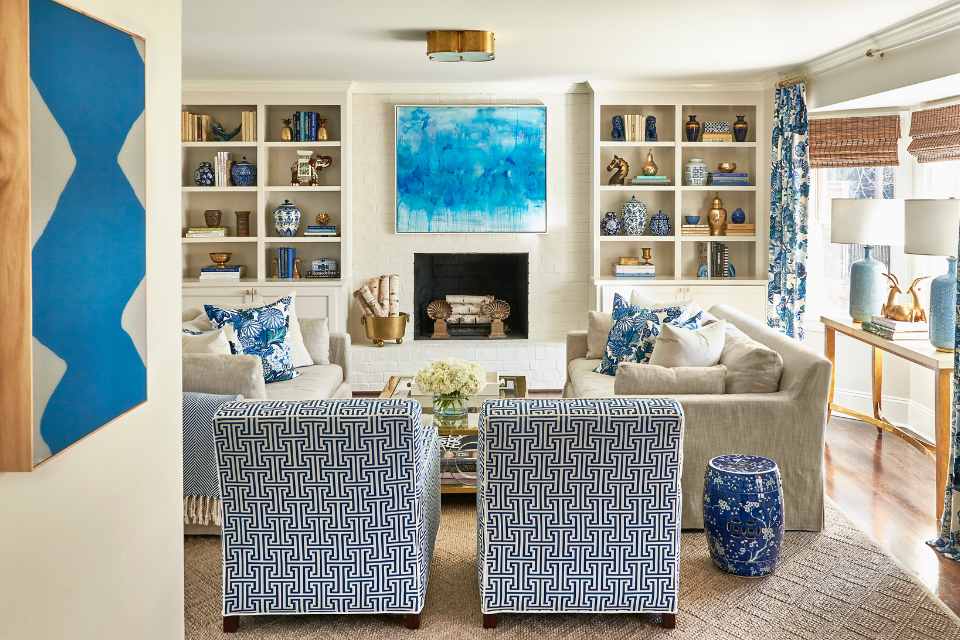 classic living room with greek style patterns and blue accents